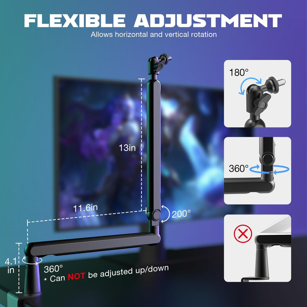 FIFINE BM88 Low Profile Microphone Boom Arm Stand – Adjustable Metal Mic Arm with Desk Clamp, Cable Management, 1/4” 3/8” 5/8” Threads - PuriLite