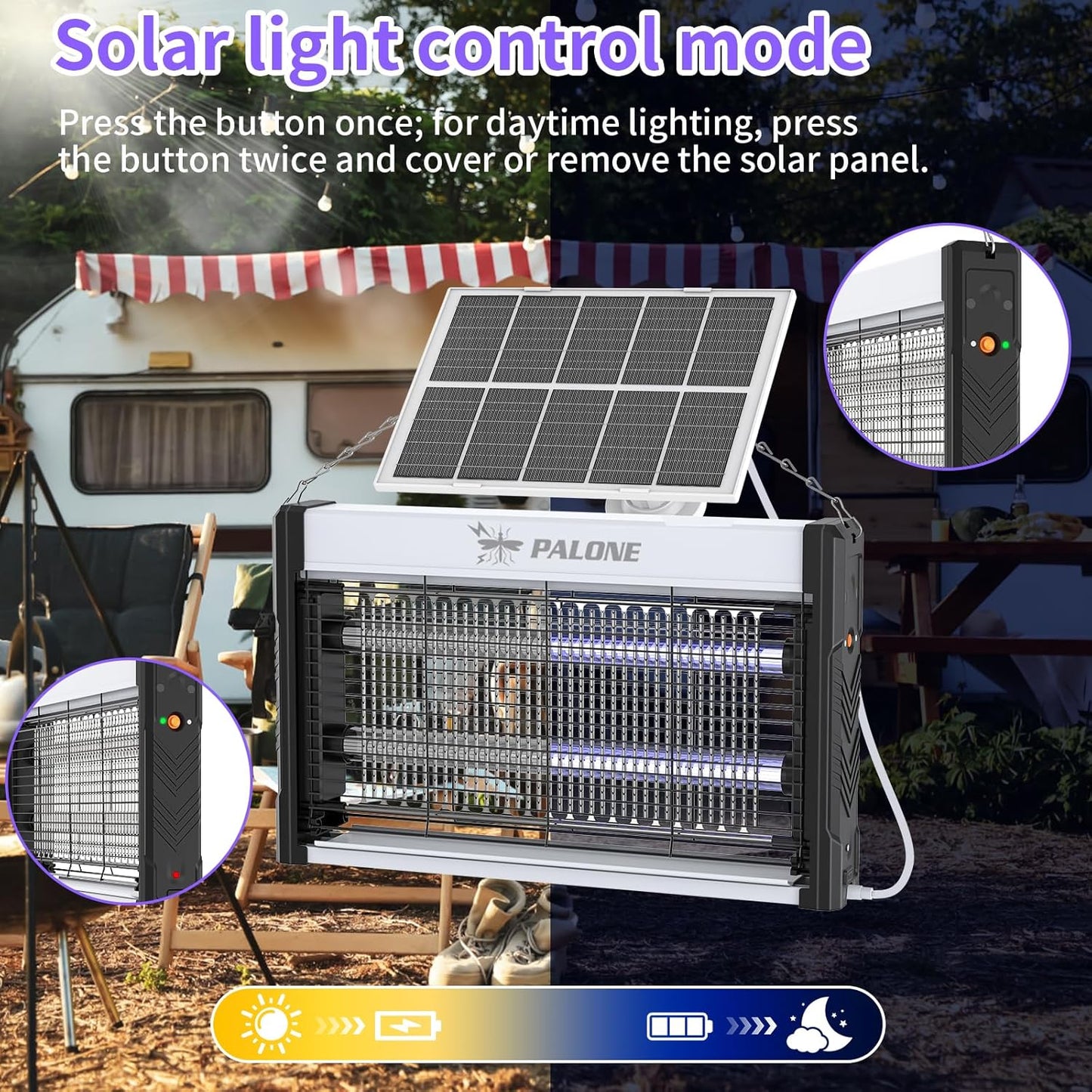 PALONE Solar Bug Zapper, 4000V Electric Bug Zapper with 8W Solar Panel, Rechargeable Bug Zapper with LED Light, Fly Zapper with Fireproof Waterproof, Indoor Outdoor Zapper for Kitchen,Camping,Patio