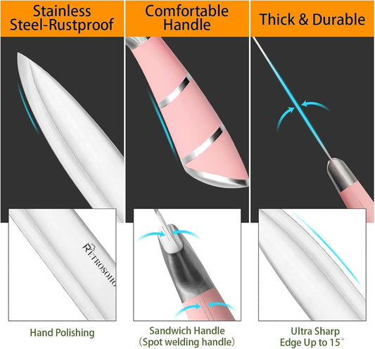 Kitchen Knife Set, Retrosohoo 9-Pieces Pink Sharp Non-Stick Coated Chef Knives Block Set,Stainless Steel Knife Set for Kitchen with Sharpener for Cutting Slicing Dicing Chopping - PuriLite