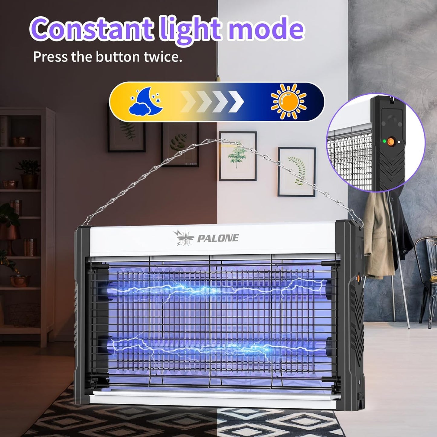 PALONE Solar Bug Zapper, 4000V Electric Bug Zapper with 8W Solar Panel, Rechargeable Bug Zapper with LED Light, Fly Zapper with Fireproof Waterproof, Indoor Outdoor Zapper for Kitchen,Camping,Patio