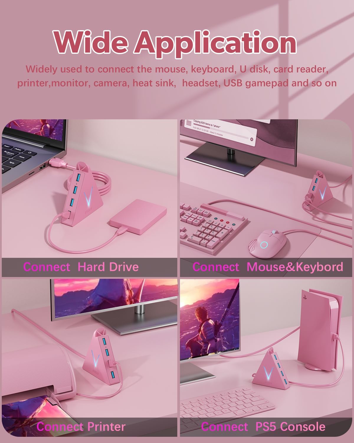 4-Port USB 3.0 Hub with Vertical Design, High-Speed Data Transfer Hub with Extended Cable and Ambient Light for Laptop and Desktop Expansion (Pink) - PuriLite