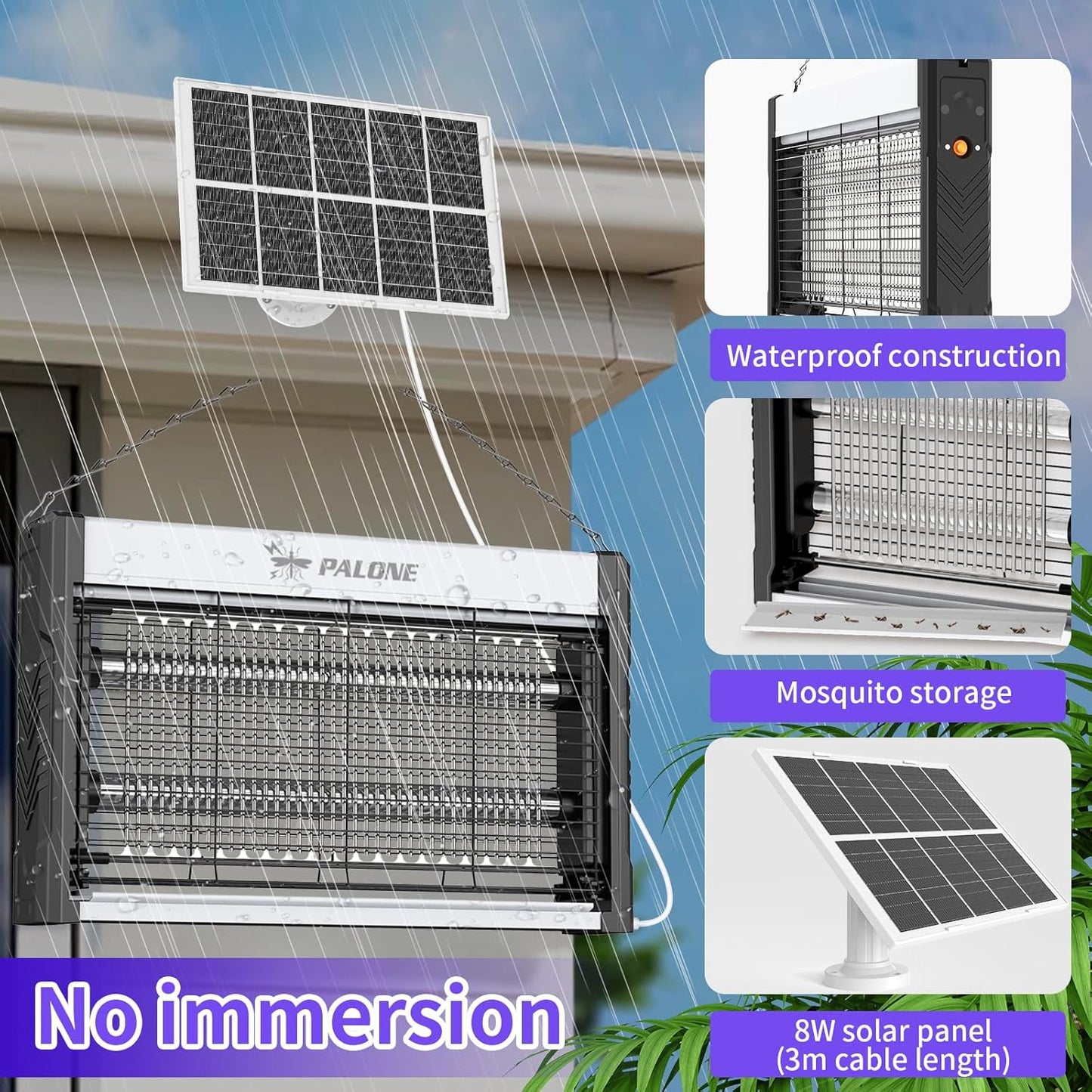 PALONE Solar Bug Zapper, 4000V Electric Bug Zapper with 8W Solar Panel, Rechargeable Bug Zapper with LED Light, Fly Zapper with Fireproof Waterproof, Indoor Outdoor Zapper for Kitchen,Camping,Patio