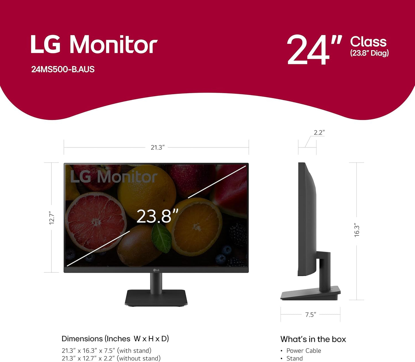 LG FHD Monitor (24MS500) - 23.8" Full HD (1920x1080) IPS Display, 100Hz Refresh Rate, Reader Mode & Flicker Safe, 5ms (GtG) Response time, 3-Side Virtually Borderless Design, Tilt Adjustment