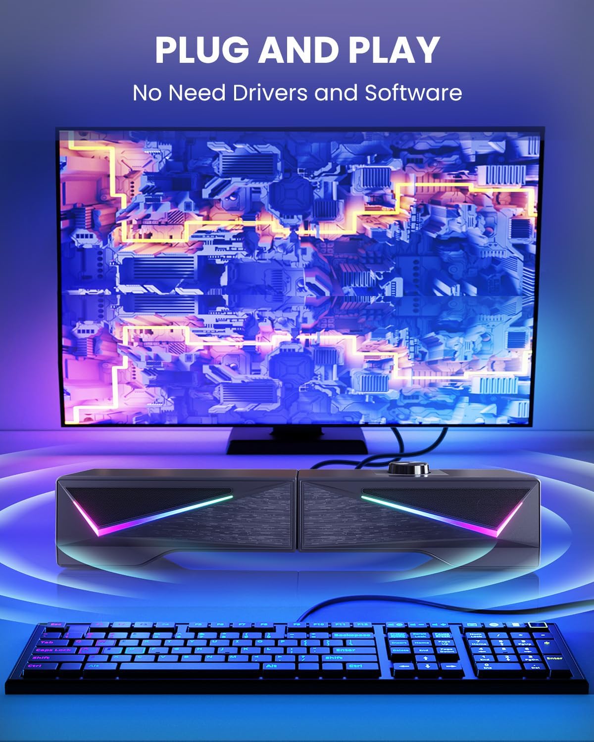 2-in-1 Detachable PC Speakers for Desktop and Gaming, Stereo Soundbar with LED Lights, USB Powered Computer Speakers with 3.5mm Aux Input - PuriLite