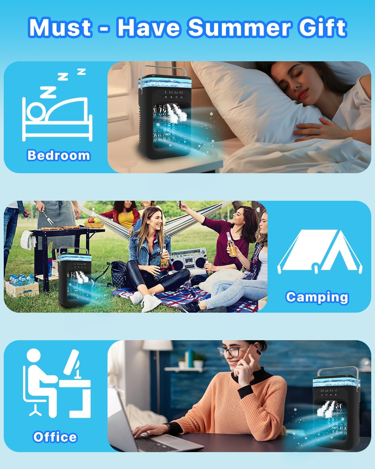 Mecmic Portable Air Conditioner Cooling Fan - 3 Speeds, 2 Mist Modes, 1000mL Water Tank, 7-Color Night Light, 2-4H Timer, Mini Cooling Fan for Bedroom, Office, Camping