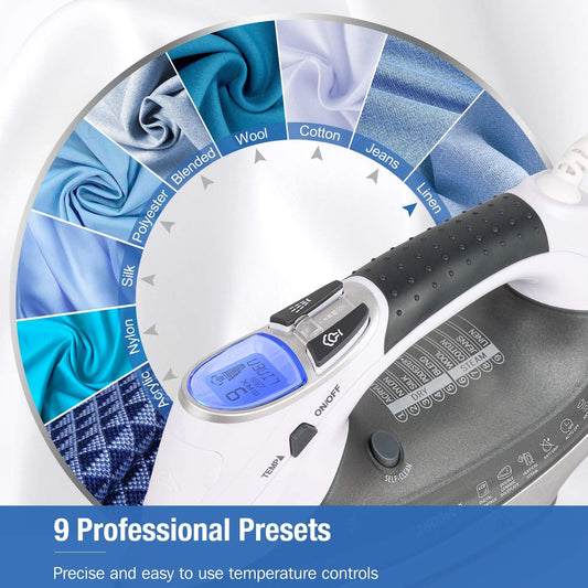 BEAUTURAL 1800-Watt Steam Iron with Digital LCD Screen, Double-Layer and Ceramic Coated Soleplate, 3-Way Auto-Off, 9 Preset Temperature and Steam Settings for Variable Fabric - PuriLite
