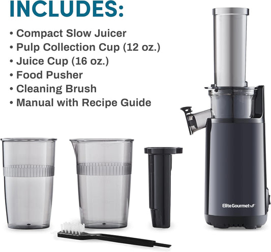 Elite Gourmet EJX600 Compact Small Space-Saving Masticating Slow Juicer, Cold Press Juice Extractor, Nutrient and Vitamin Dense, Easy to Clean, 16 oz Juice Cup, Charcoal Grey