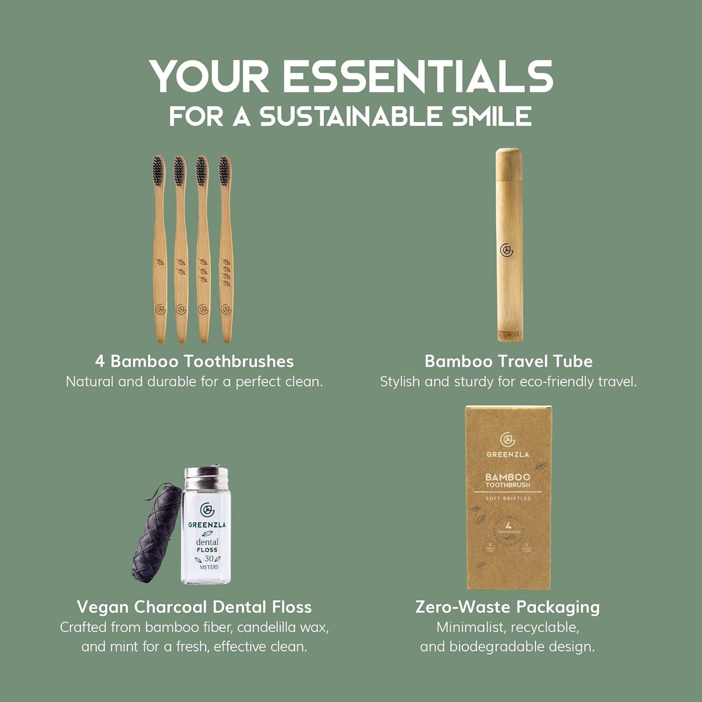 Greenzla Bamboo Toothbrush (4 Pack) with Travel Case & Charcoal Dental Floss | BPA Free Soft Bristles | Eco-Friendly, Natural Bamboo Toothbrush Set | Biodegradable & Compostable Wooden Toothbrushes