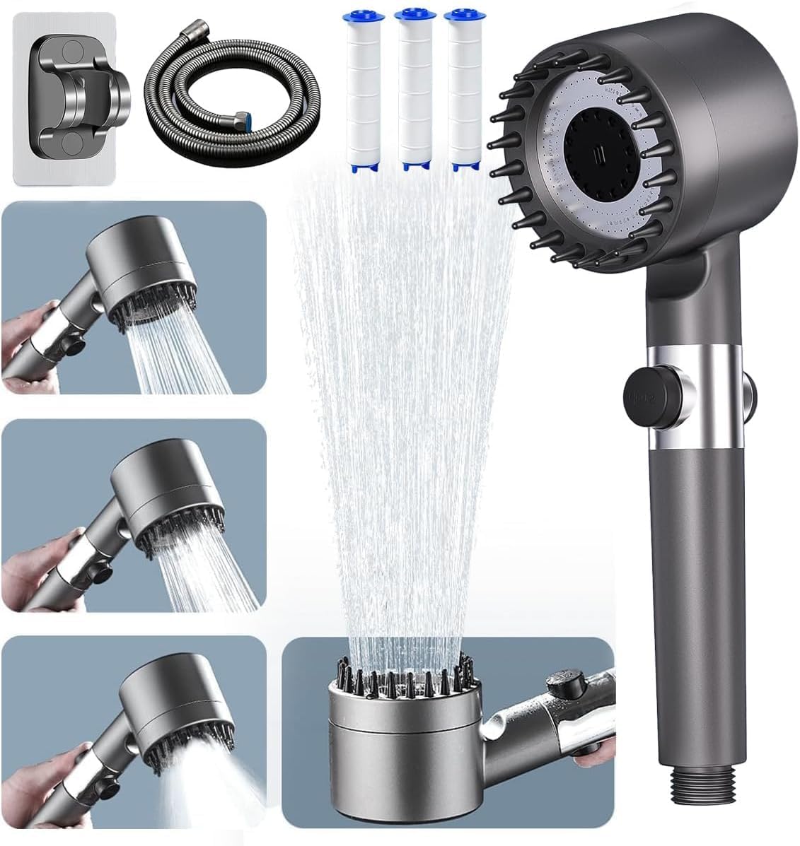 Shower Head with Hose 1.5M, Ion Drops Shower Head with Handheld for Hard Water, 4 Modes Iondrops Filtered Showerhead, High Pressure Shower Heads with ON/Off Switch Grey