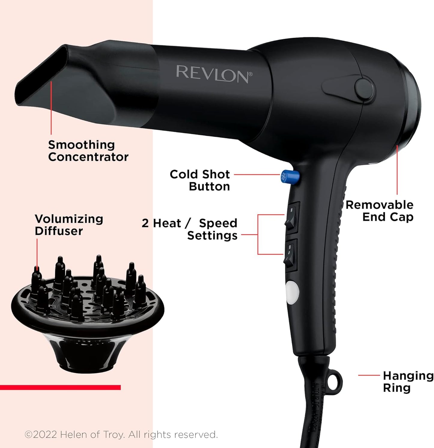 Revlon RV544FBLK Advanced Ionic Technology™ Hair Dryer with Diffuser, Powerful, Ionic Hair Dryer with Concentrator, Quick Dry, Lightweight, 2 Heat/ Speed Settings, Less Frizz, Shiny and Smooth Hair, Black