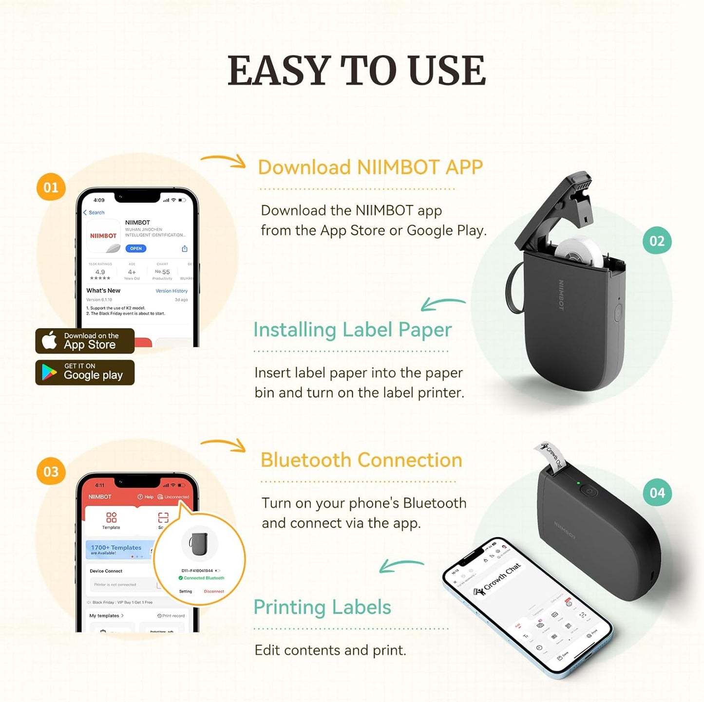 NIIMBOT D11 - Bluetooth Label Maker with HD Printing, Automatic Feeding, Portable Sticker Printer
