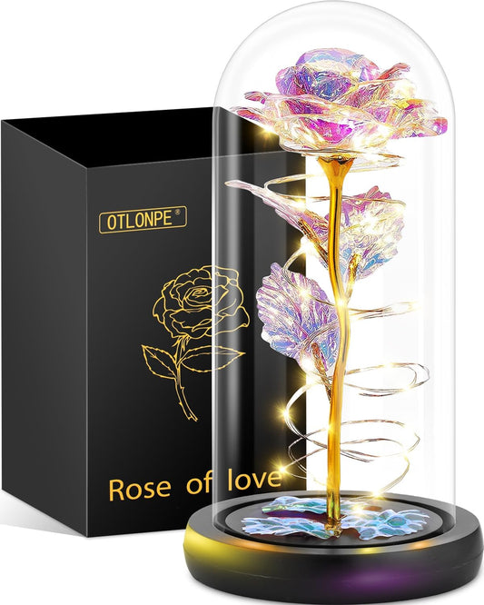 Otlonpe Birthday Gifts for Women, Mothers Day Flowers Gifts for Mom Wife from Kids Daughter Son Husband, Rainbow Light Up Rose in A Glass Dome for Mom Wife, Mother's Day, Christmas Day