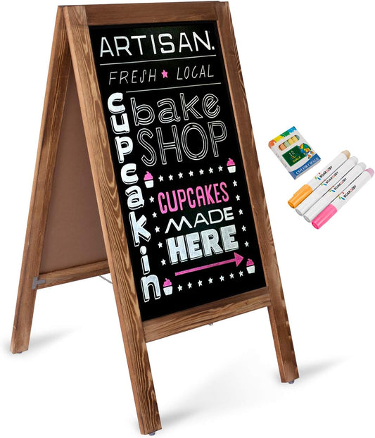 Board2by Heavy Duty Magnetic A-Frame Chalkboard Sign 40" X 20", Large Standing Sandwich Board Chalk Board Sign, Outdoor Chalkboard Easel for Restaurant or Wedding with 4 Pens & Magnets, Rustic Brown