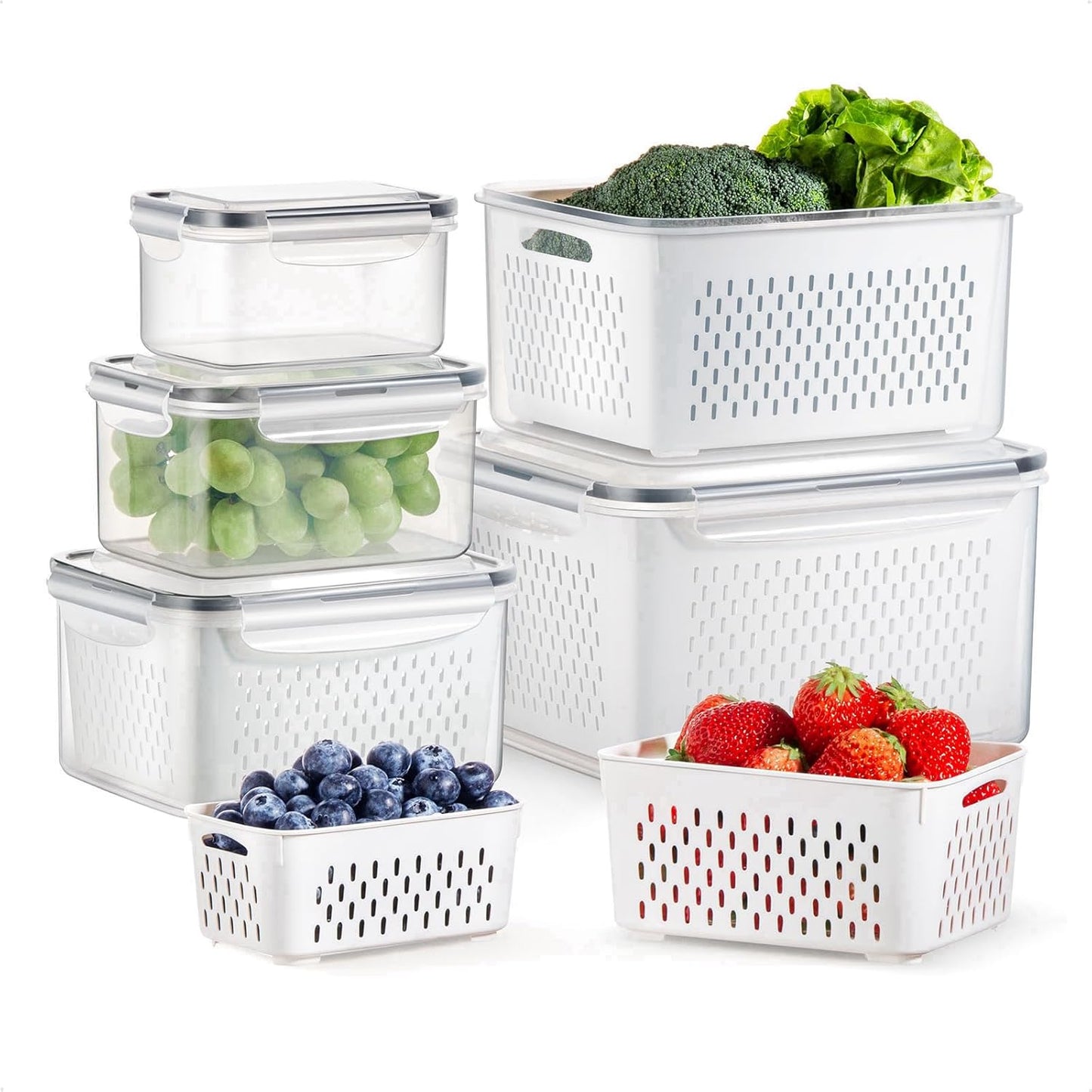 5-Pack Large Fruit Containers for Fridge, Leakproof Produce Storage Keeper with Removable Colander Food Grade BPA FREE Keep Vegetables Berry Veggies Lettuce Banana Meat Food Fresh Longer