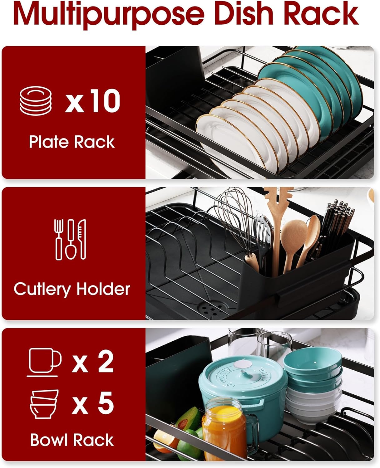 Dish Drying Rack - Compact Dish Racks with Drain Board for Kitchen Counter, Durable Stainless Steel Dish Rack Used in Sink & on Countertop, Black, Large