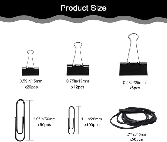 Paper Clips Binder Clips, 240pcs Black Office Clips Set - Assorted Sizes Paperclips Paper Clamps Rubber Bands for Office and School Supplies