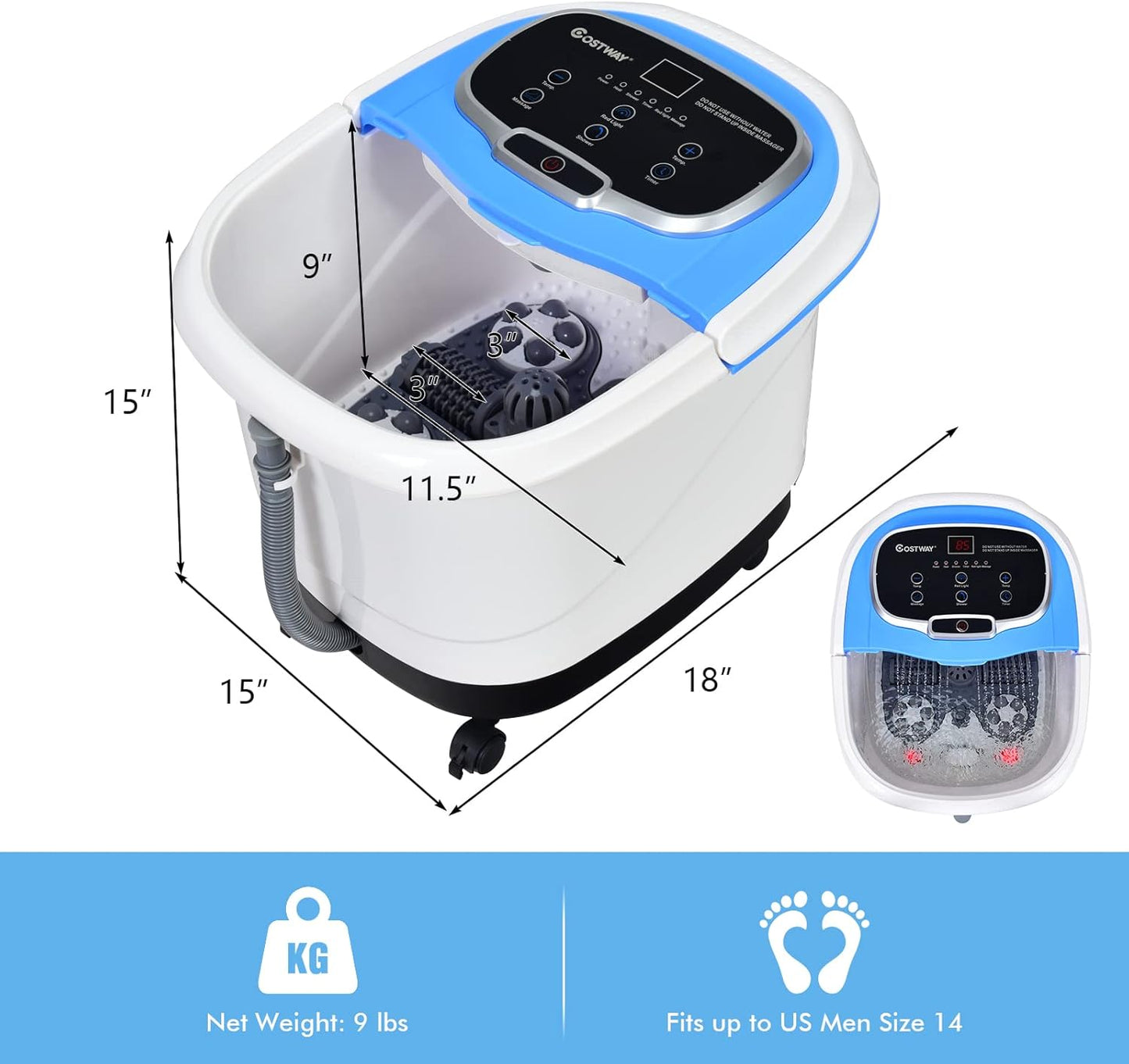 COSTWAY Foot Spa/Bath Massager, with Motorized Rollers, Shiatsu Massage, Shower, Heat, Red Light, Temperature Control, Timer, LED Display, Drainage Pipe for Foot Stress Relief (Blue)