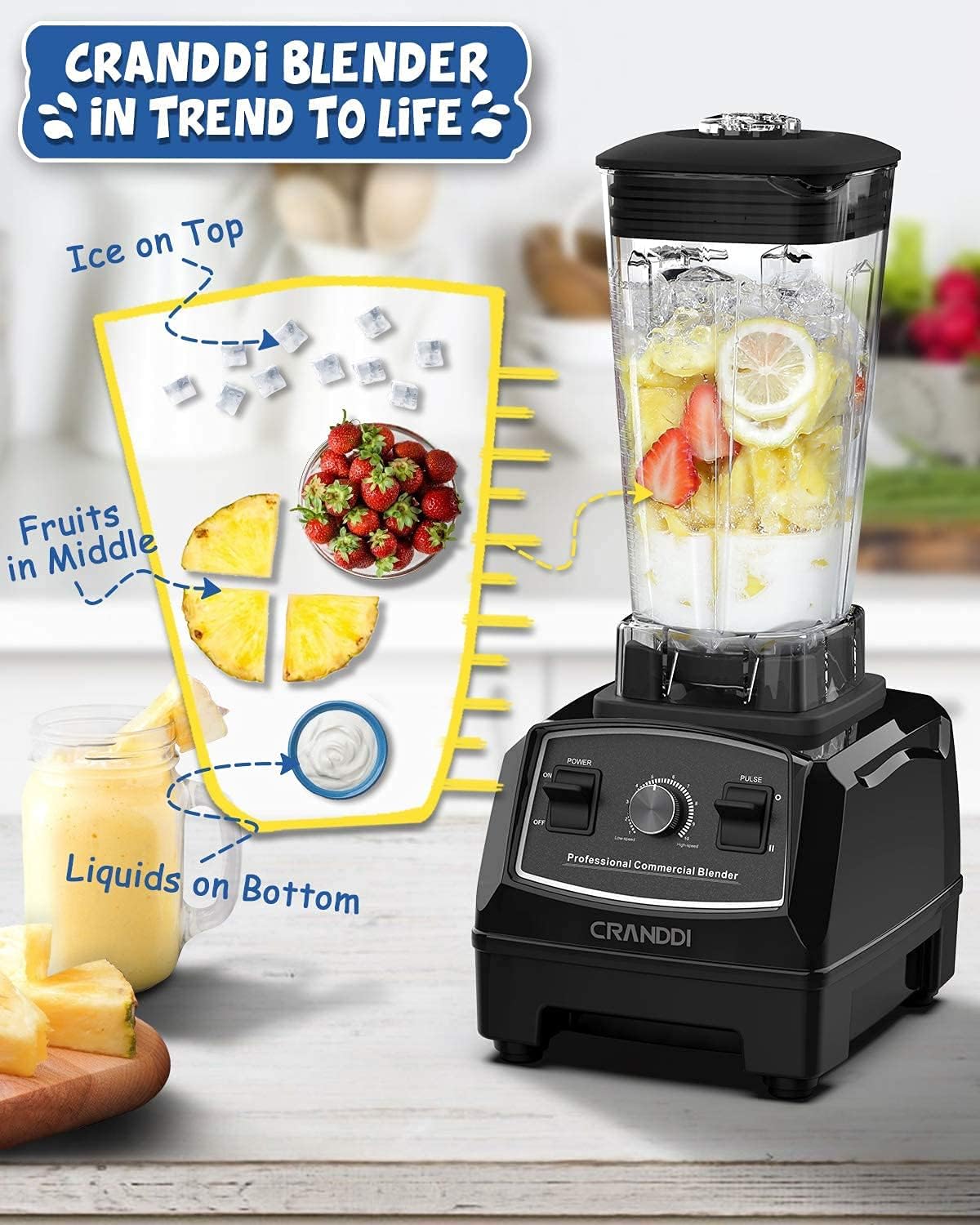 CRANDDI Professional Blender, 70oz Commercial Blender for Smoothies, 1500W Power Blender with 10 Speeds Control for Home, Self-Cleaning,YL-010 Black New