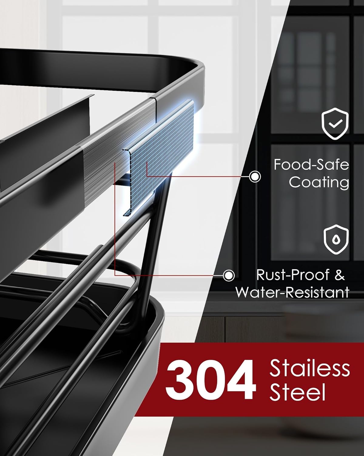 Dish Drying Rack - Compact Dish Racks with Drain Board for Kitchen Counter, Durable Stainless Steel Dish Rack Used in Sink & on Countertop, Black, Large