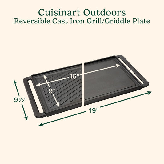 Cuisinart Reversible Cast Iron Grill and Griddle Plate, Ribbed Grill and Smooth Flat Top Griddle (CCP-2000C) - PuriLite