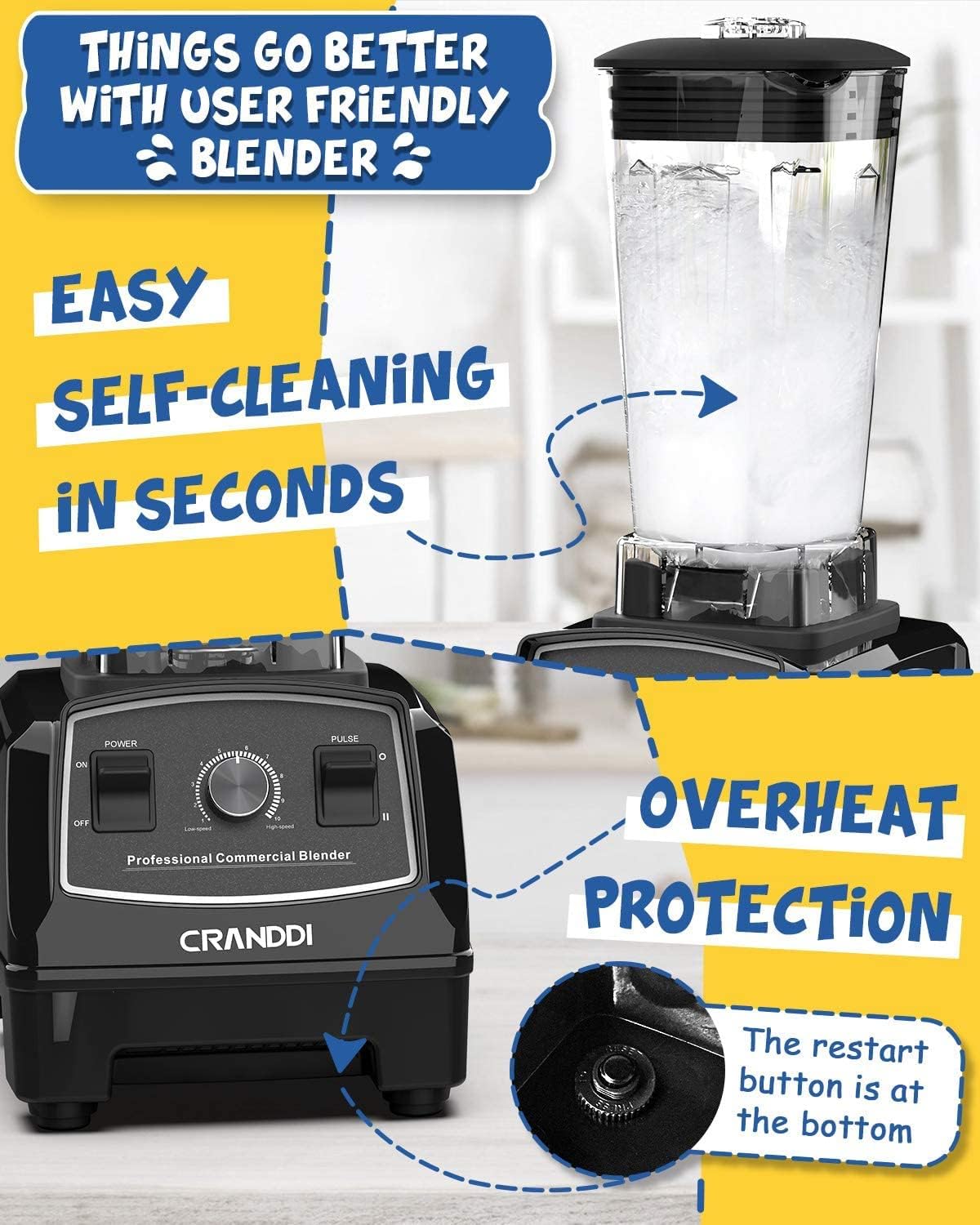 CRANDDI Professional Blender, 70oz Commercial Blender for Smoothies, 1500W Power Blender with 10 Speeds Control for Home, Self-Cleaning,YL-010 Black New
