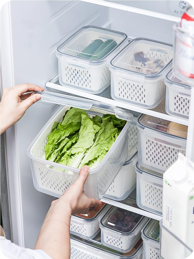 5-Pack Large Fruit Containers for Fridge, Leakproof Produce Storage Keeper with Removable Colander Food Grade BPA FREE Keep Vegetables Berry Veggies Lettuce Banana Meat Food Fresh Longer