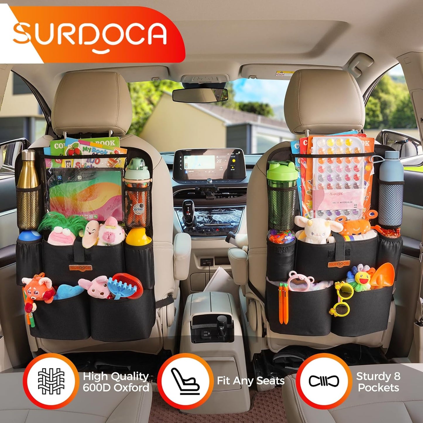 SURDOCA Backseat Car Organizer,4th Gen Back Seat Protector with 11 Inch Tablet Holder, 8 Pockets,Car Storage Accessories Back Seat Organizer for Kids
