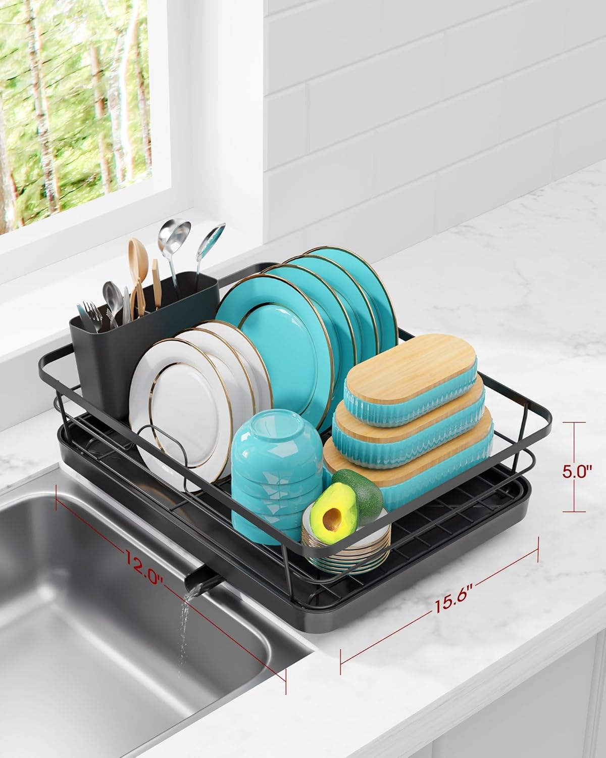 Dish Drying Rack - Compact Dish Racks with Drain Board for Kitchen Counter, Durable Stainless Steel Dish Rack Used in Sink & on Countertop, Black, Large