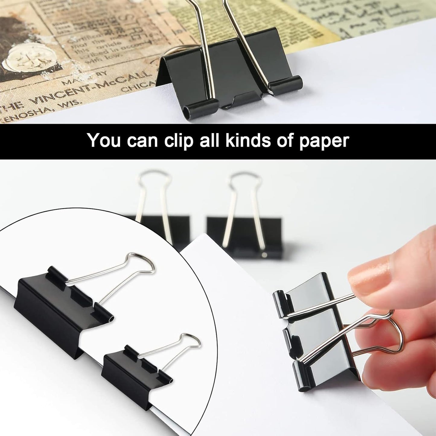 Paper Clips Binder Clips, 240pcs Black Office Clips Set - Assorted Sizes Paperclips Paper Clamps Rubber Bands for Office and School Supplies