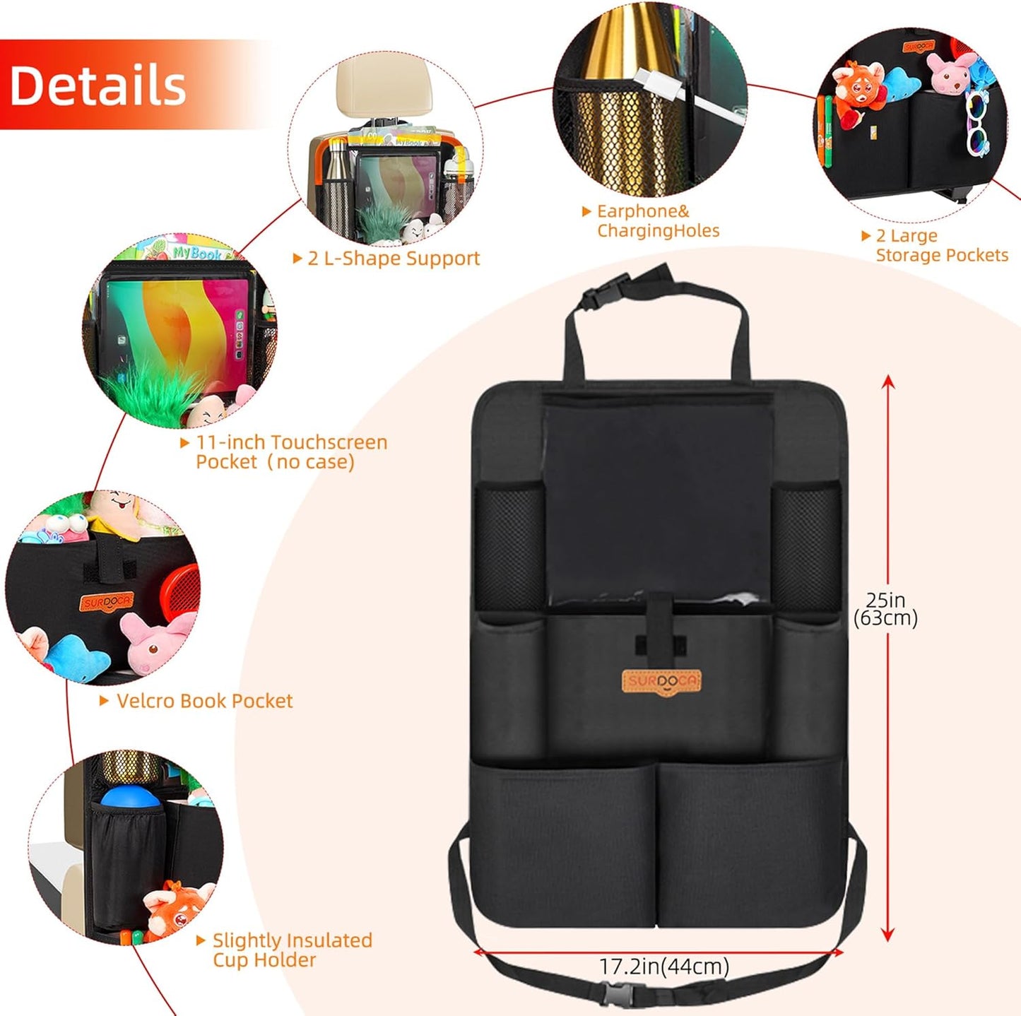 SURDOCA Backseat Car Organizer,4th Gen Back Seat Protector with 11 Inch Tablet Holder, 8 Pockets,Car Storage Accessories Back Seat Organizer for Kids
