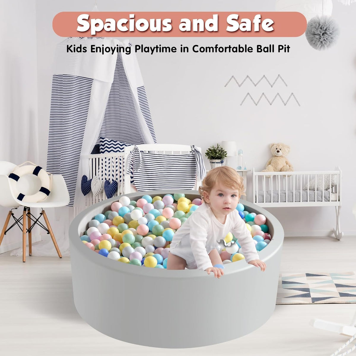 35.4" x 11.8" Foam Ball Pit for Toddlers, Baby Round Ball Pits for Babies 1 Years Up, Soft Kids Balls Pool Ideal Gift for Boys and Girls, Balls Not Included, Grey - PuriLite
