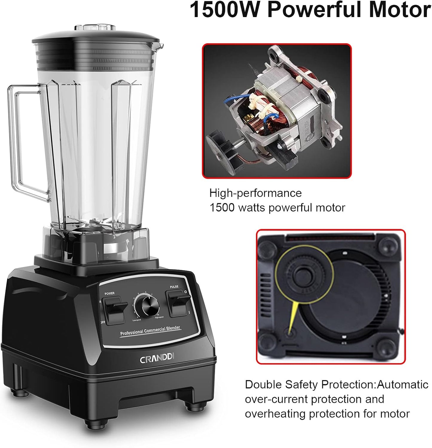 CRANDDI Professional Blender, 70oz Commercial Blender for Smoothies, 1500W Power Blender with 10 Speeds Control for Home, Self-Cleaning,YL-010 Black New