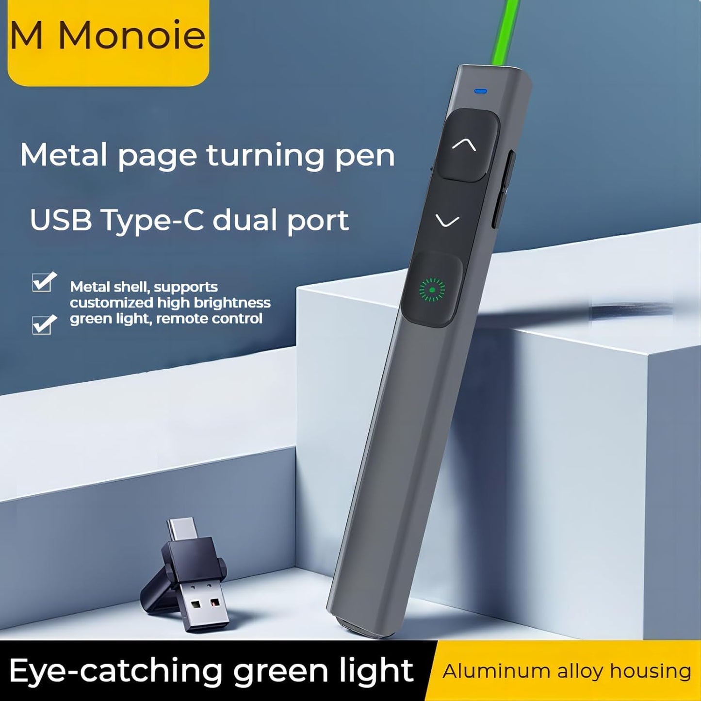 M Monoie Wireless Presenter, Hyperlink Control Presentation Clicker RF 2.4GHz USB Interface, Slide Clicker Presentation, Remote Pointer Slide Advancer (Gray/Green Light/USB Port)
