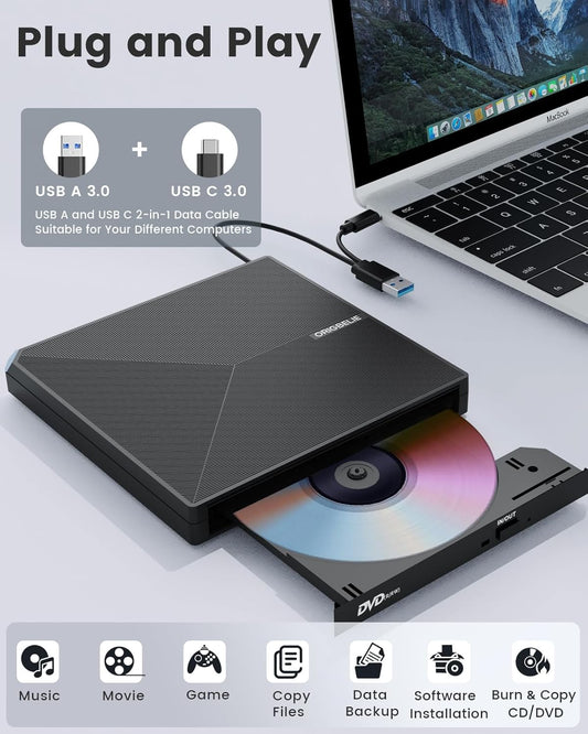 ORIGBELIE External CD DVD +/-RW Drive USB 3.0 Type C Portable CD/DVD Player Burner Reader Writer Optical CD ROM Disk Drive for Laptop Desktop PC iMac MacBook Pro/Air Windows 11/10/8/7/XP Linux Mac OS - PuriLite