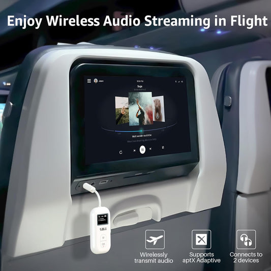 1Mii SafeFly Pro Bluetooth 5.3 Transmitter Receiver, Wireless Audio Adapter w/Screen for 2 Bluetooth Headphones, AptX LL/HD/AD, Use with Any 3.5MM Jack on Airplane, TV & iPad/Tablet - PuriLite