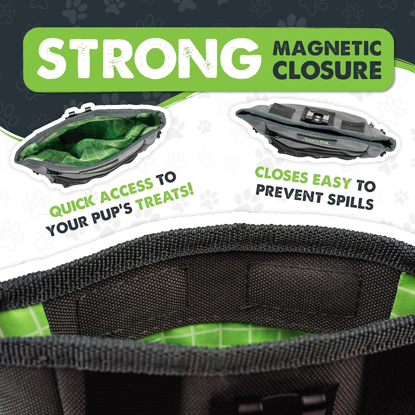 Mighty Paw Dog Treat Pouch 2.0 | Pet Training Hands-Free Snack Bag w/Strap. Holds 2 Cups Kibble, Phone & Keys. Magnetic Clasp & Waist Belt Clip. Includes 1 Roll of Poop Bags (Green/Grey)