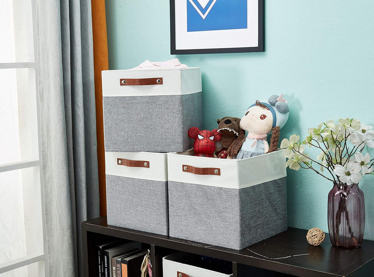 DECOMOMO Fabric Cube Storage Bin - Storage Baskets for Shelves, Kallax (Grey & White, 13 inch Cube) - 4 Pack