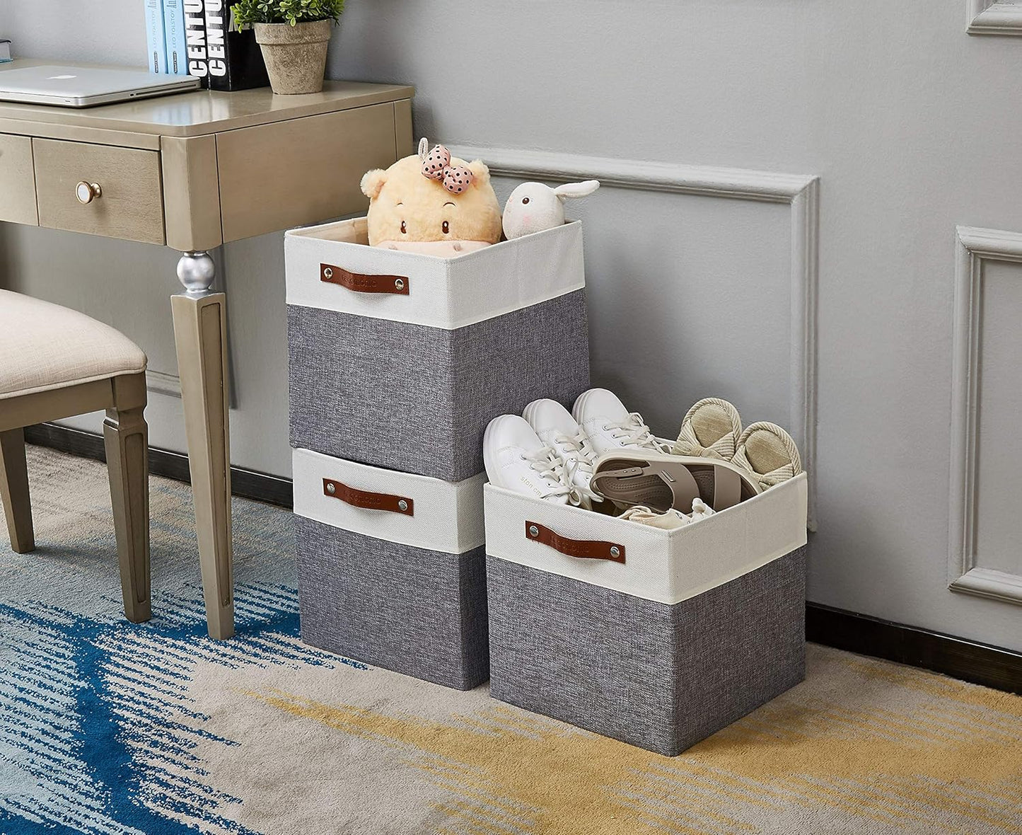 DECOMOMO Fabric Cube Storage Bin - Storage Baskets for Shelves, Kallax (Grey & White, 13 inch Cube) - 4 Pack