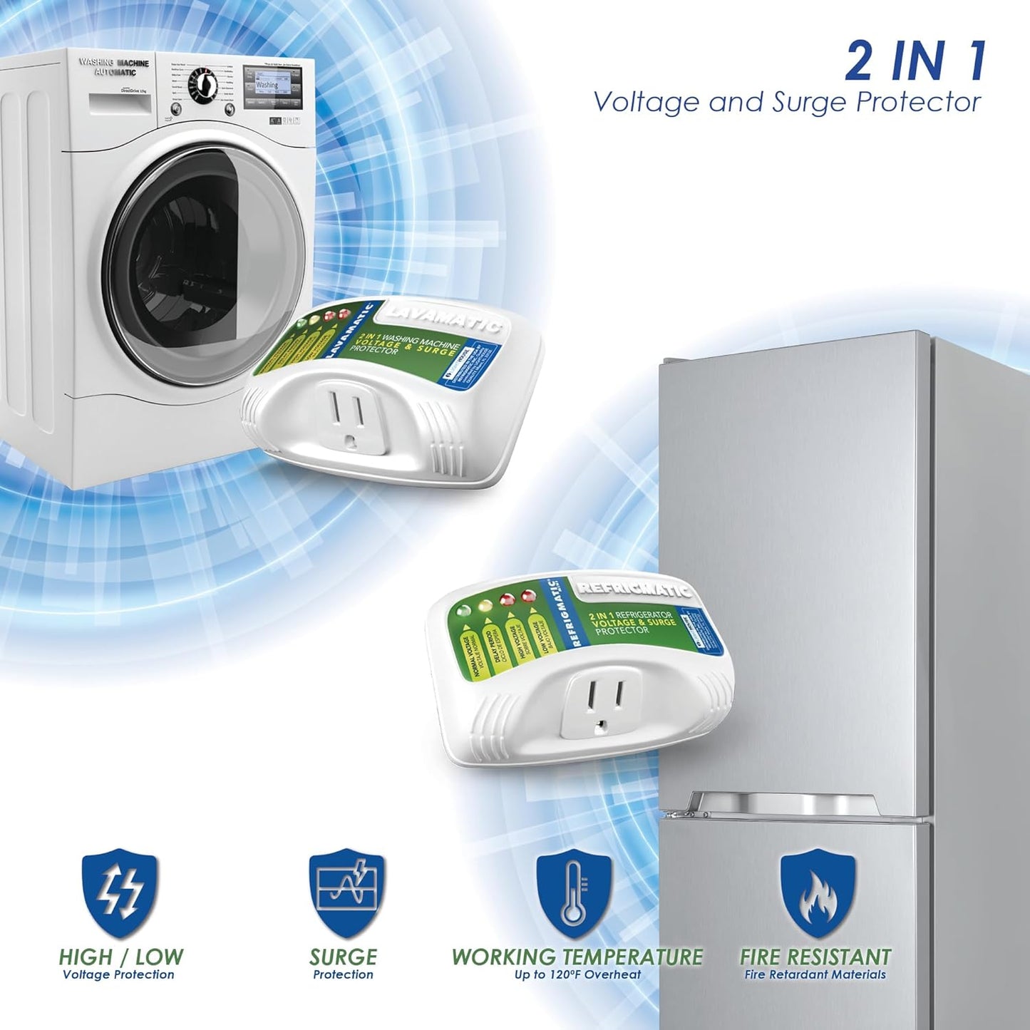 Refrigmatic Two Electronic Voltage & Surge Protector Combo - Protect Refrigerator & Washing Machine Against High & Low Voltage, Brownouts & Spikes