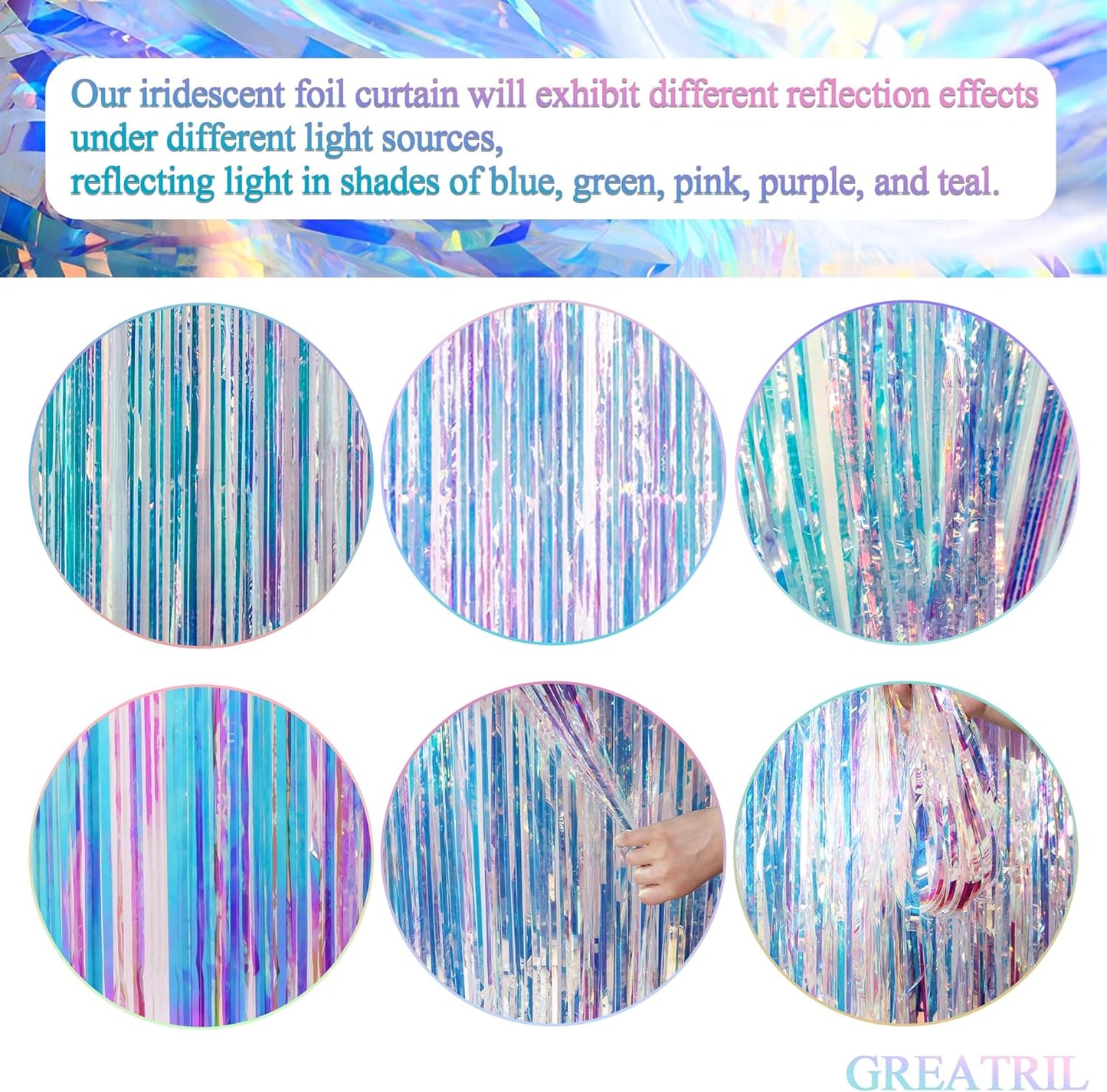 GREATRIL Iridescent Party Tinsel Fringe Backdrop Decorations - Holographic Foil Streamers Curtain for Mermaid/Under The Sea/Frozen/Ocean/Disco/Birthday Themed 3.2ft x 6.5ft - 2 PCS
