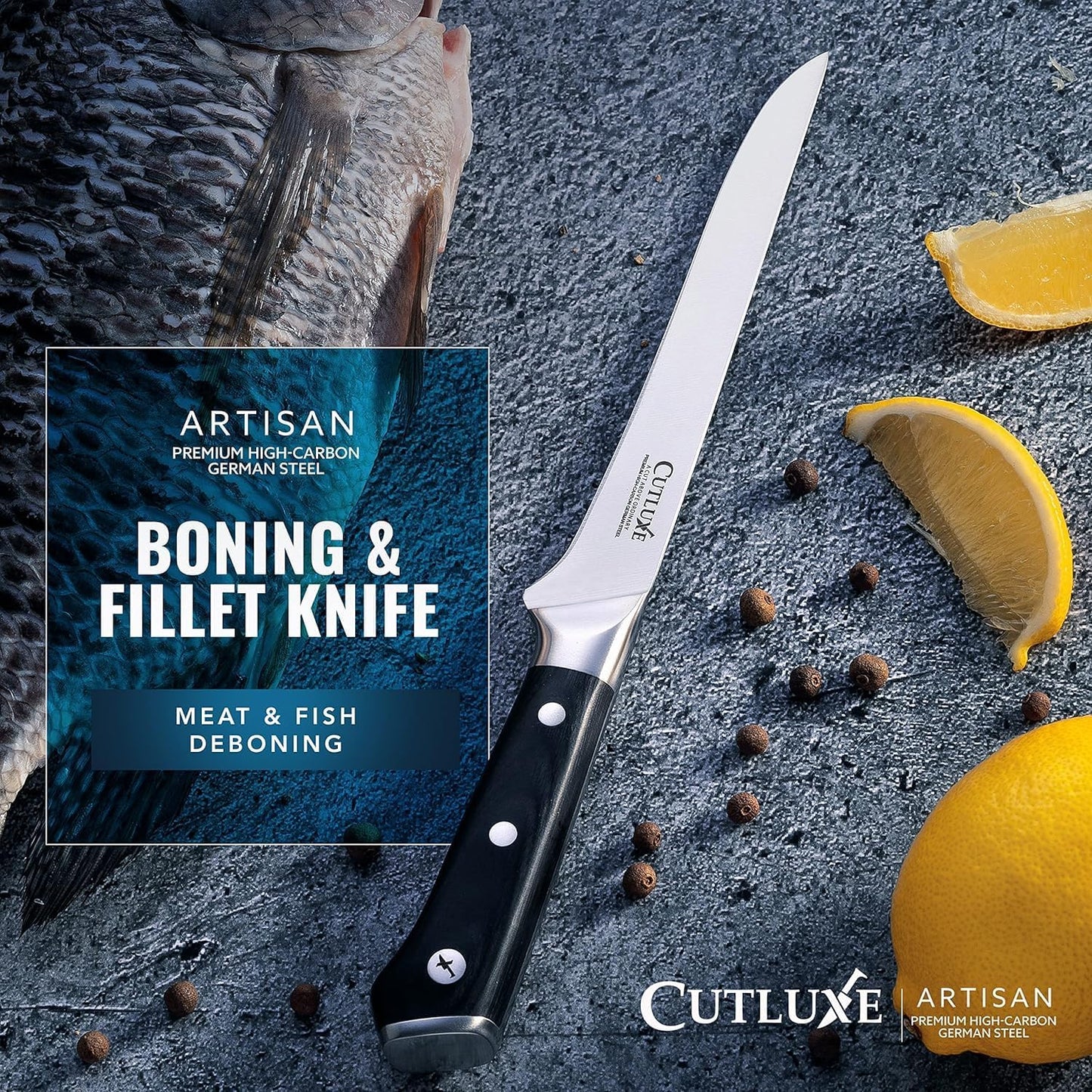 Cutluxe Curved Boning Knife – 6" Boning Knife for Meat Cutting, Fillet Knife – High Carbon German Steel, Full Tang & Ergonomic Handle Design – Artisan Series