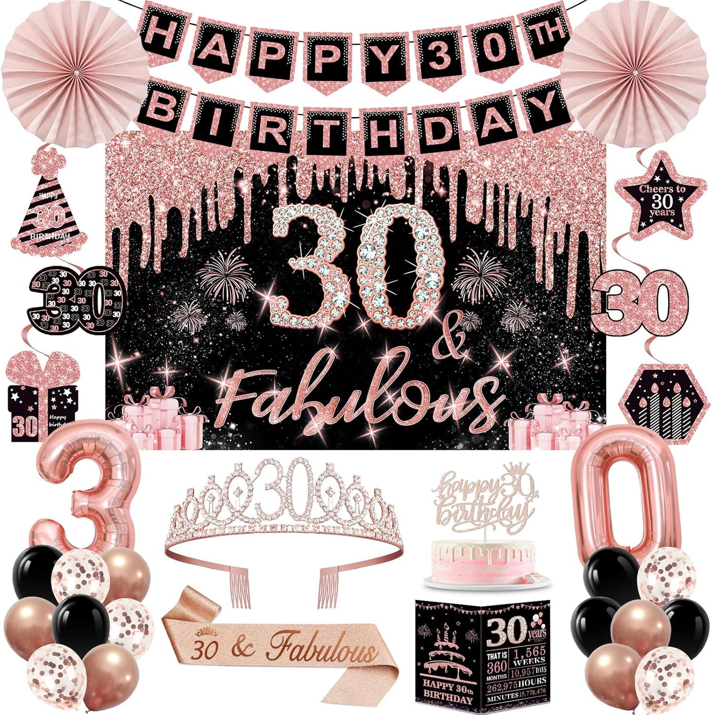 40th Birthday Decorations for Women,32pcs 40th Birthday Party Decorations,Including Backdrop, Crown,Sash,banner, Hanging Swirl,Cake Topper,balloons,Paper Fans,Anniversary Card and paper fans