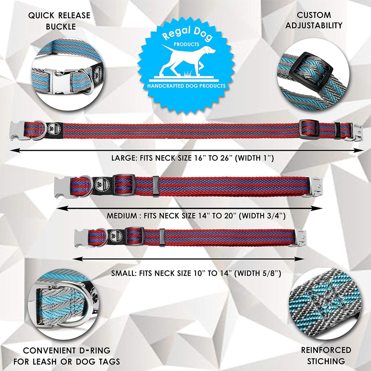 Regal Dog Products Pet Collar with Metal Buckle and D Ring | Durable Dog Collar with Reinforced Metal Clasp and Nylon Webbing Adjustable Dog Collar to fit for Large Dogs (Large, Blue/Gray Stripe)