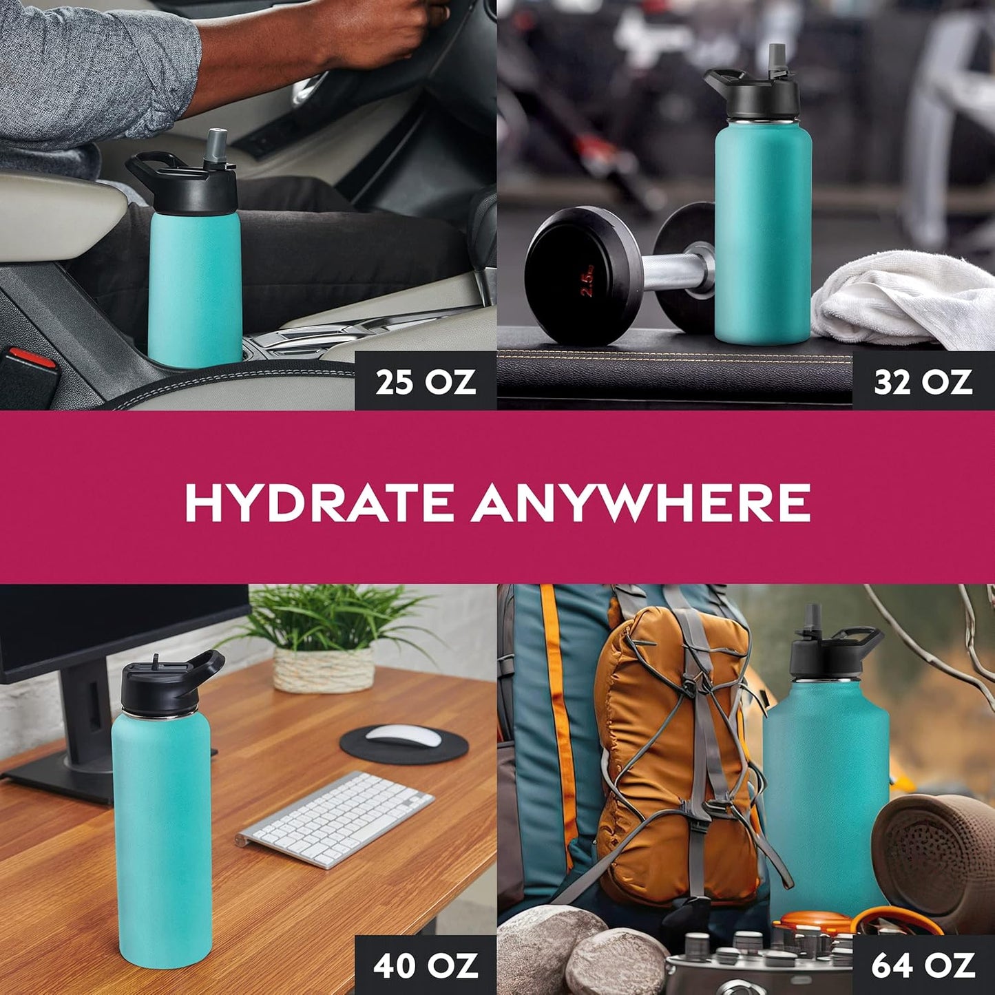 FineDine Water Bottle - Stainless Steel Insulated Water Bottle with Straw Lid, Flip Lid & Wide-Mouth Cap - Keeps Hot and Cold - 25 Oz / 739ml - Pure Pearly White