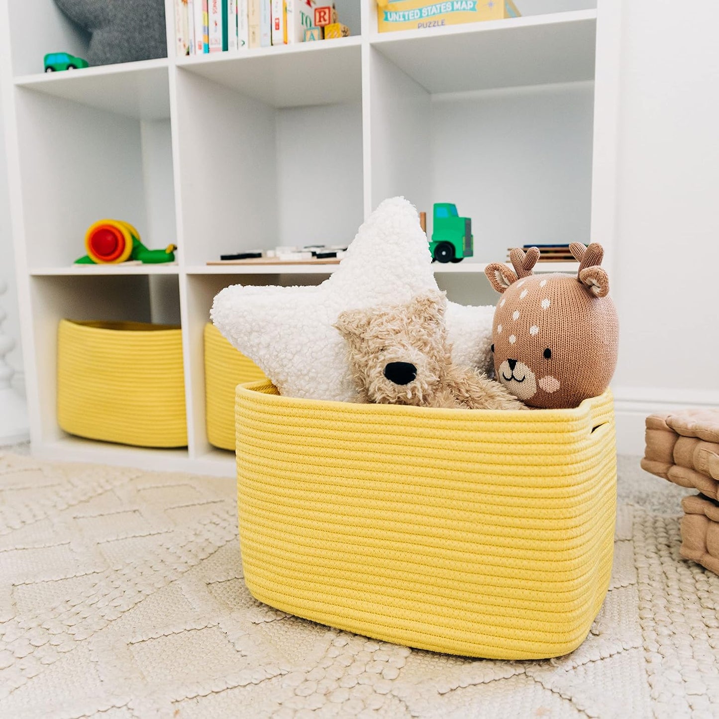 OrganiHaus Soft Woven Baskets for Storage Organization Set of 3, Cotton Rope Nursery Storage Baskets for Shelves, Square Book Bins, Bathroom Towel Hamper, Dog Toy Bins, Panier Rangement - Light Honey