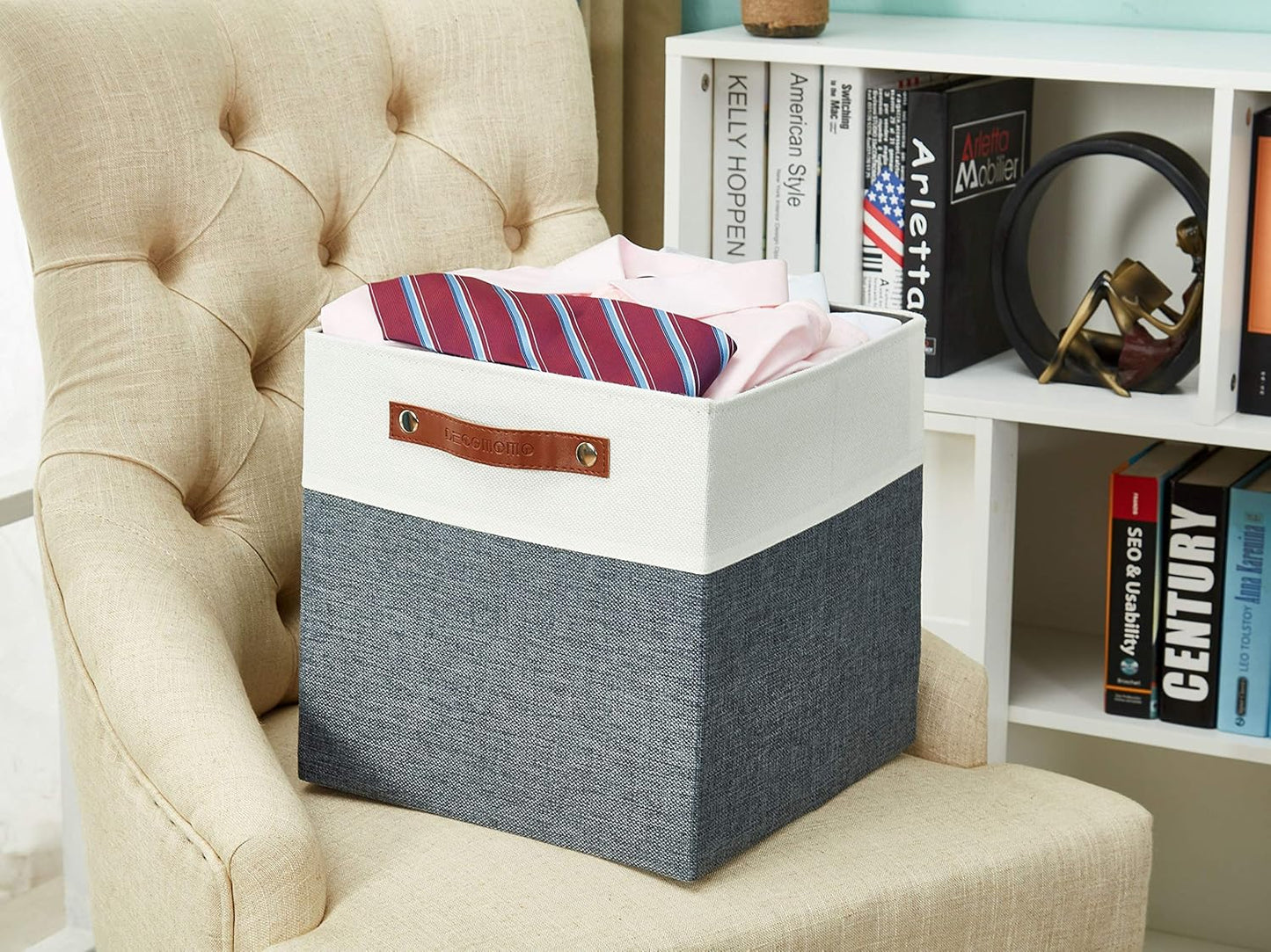 DECOMOMO Fabric Cube Storage Bin - Storage Baskets for Shelves, Kallax (Grey & White, 13 inch Cube) - 4 Pack
