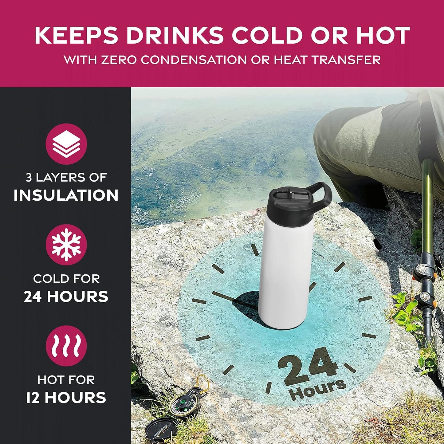 FineDine Water Bottle - Stainless Steel Insulated Water Bottle with Straw Lid, Flip Lid & Wide-Mouth Cap - Keeps Hot and Cold - 25 Oz / 739ml - Pure Pearly White