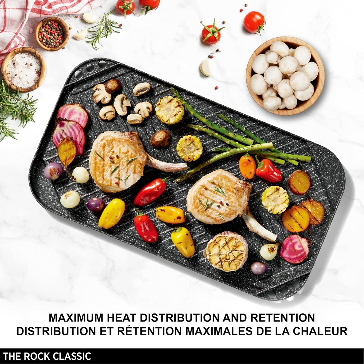 Starfrit The Rock 50x28cm (19.7" x 11") Non-Stick Reversible Grill & Griddle - Durable Forged Aluminum - Oven Safe - PFOA Free - Easy to Clean - Black
