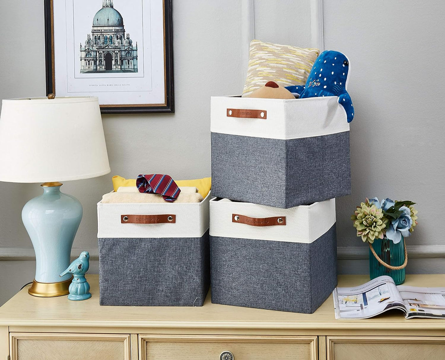 DECOMOMO Fabric Cube Storage Bin - Storage Baskets for Shelves, Kallax (Grey & White, 13 inch Cube) - 4 Pack