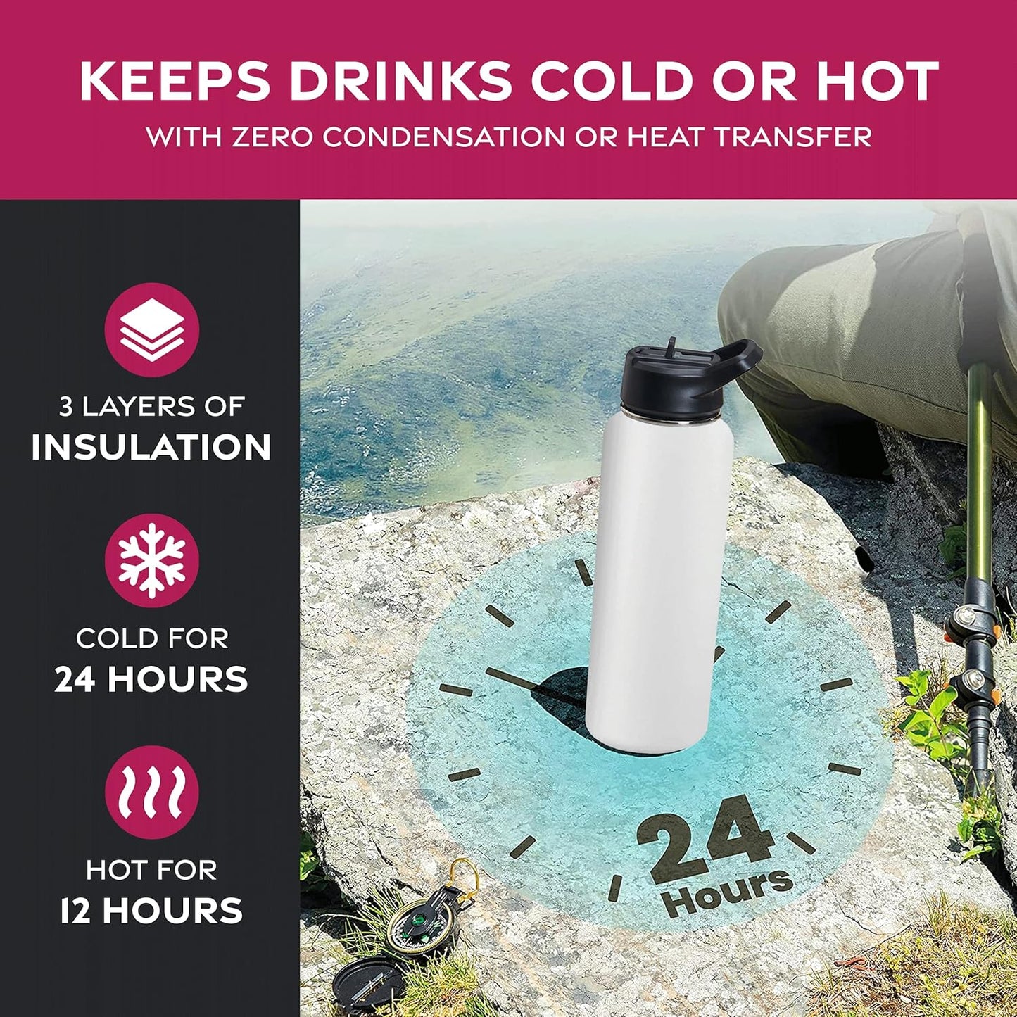 FineDine Water Bottle - Stainless Steel Insulated Water Bottle with Straw Lid, Flip Lid & Wide-Mouth Cap - Keeps Hot and Cold - 25 Oz / 739ml - Pure Pearly White